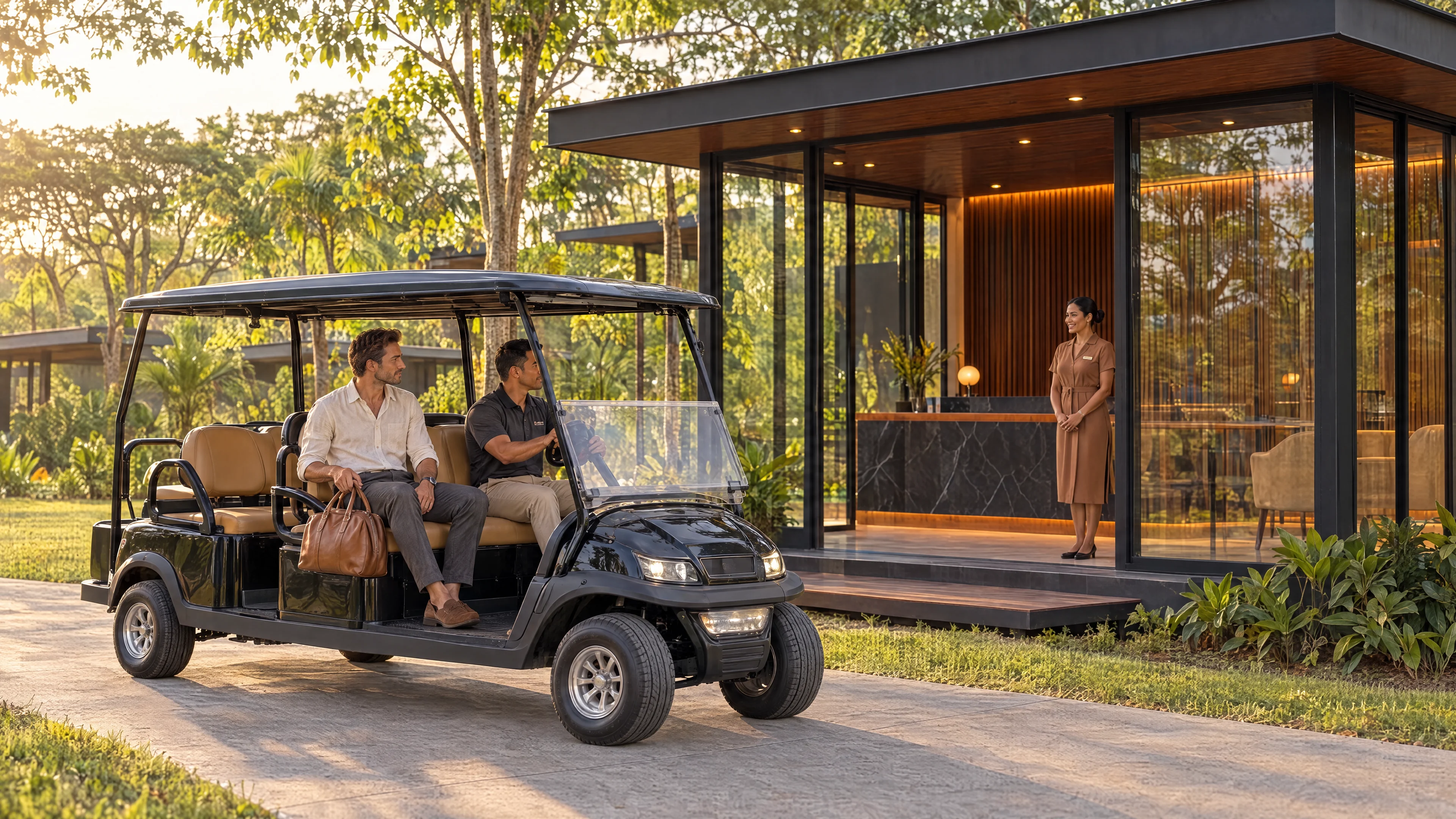 Carrito de golf en la recepción de arquitectura negra y madera caoba