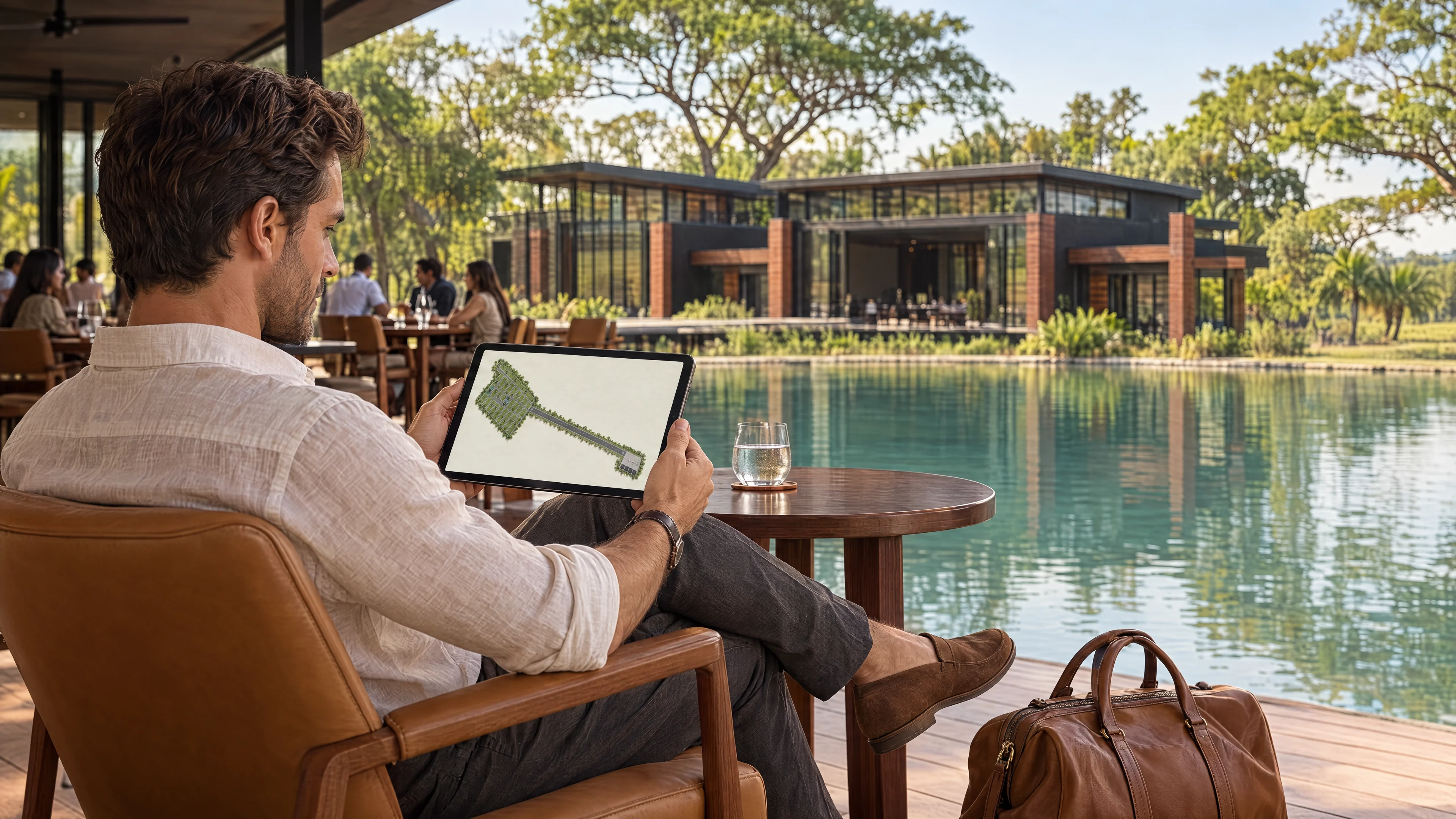 Un residente contempla el master plan en su tablet frente al lago de la casa club