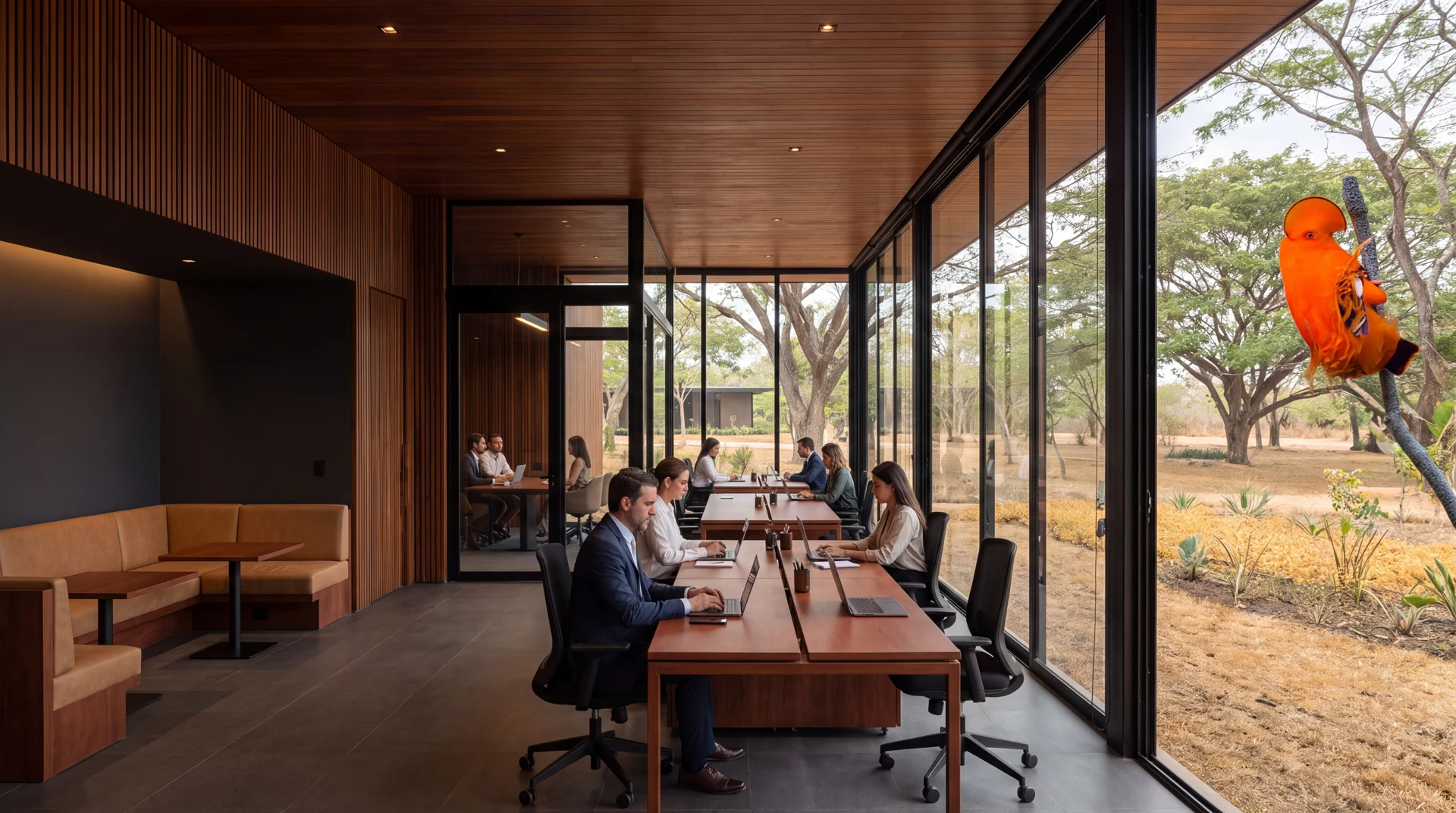 Coworking con ventanales y vistas a la vegetación