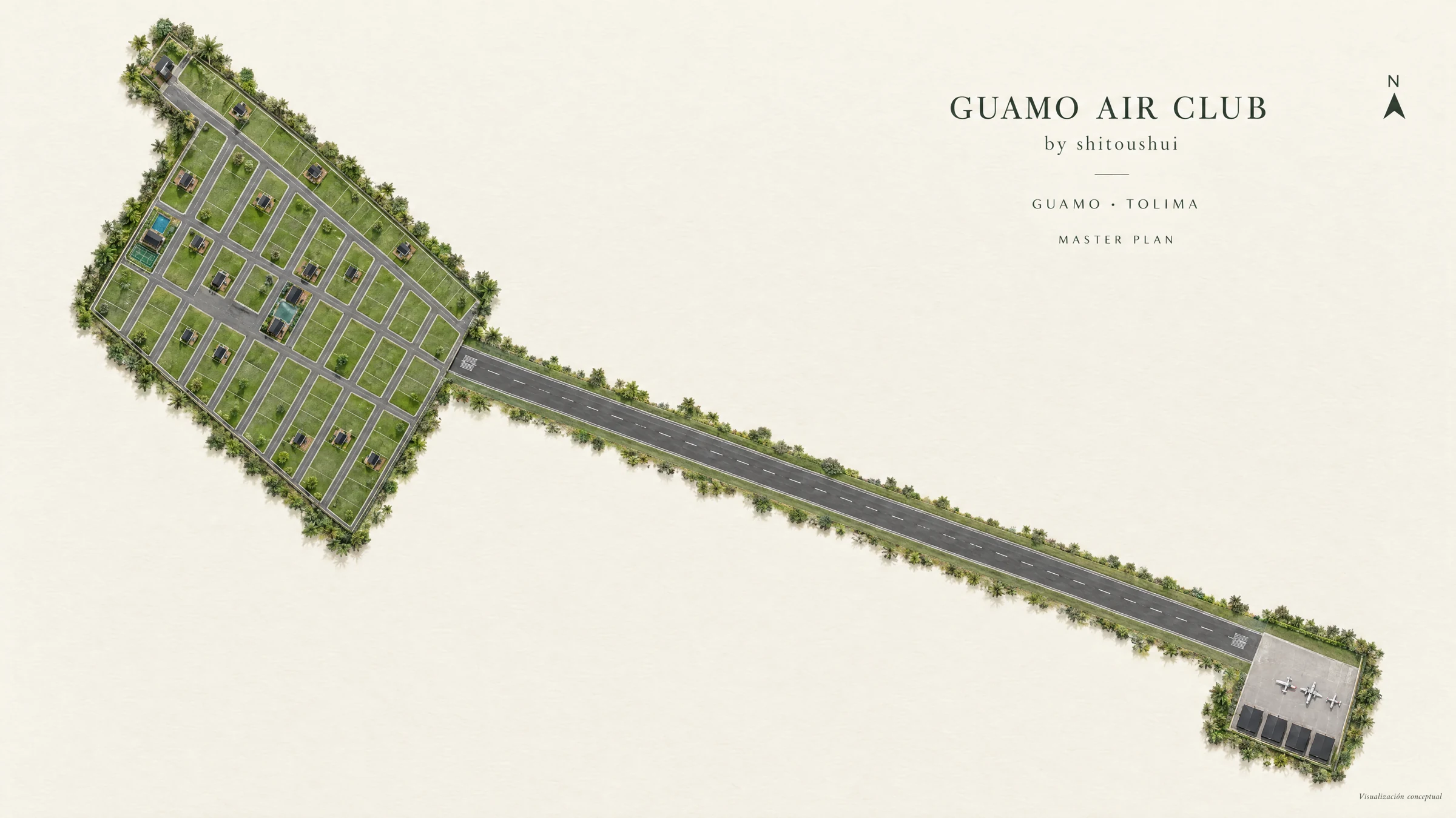 Master plan conceptual con zona residencial, amenidades, pista y cuatro hangares